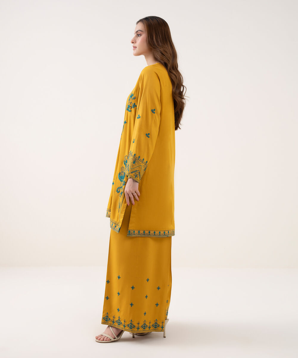 Women's RTW Viscose Marina Embroidered Straight Yellow Shirt