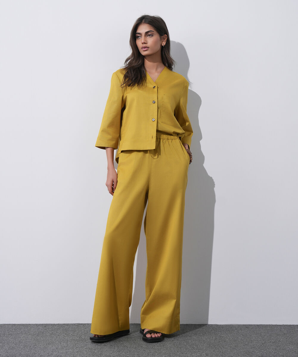 Women's Western Wear Mustard Linen Blend Pull On Trousers