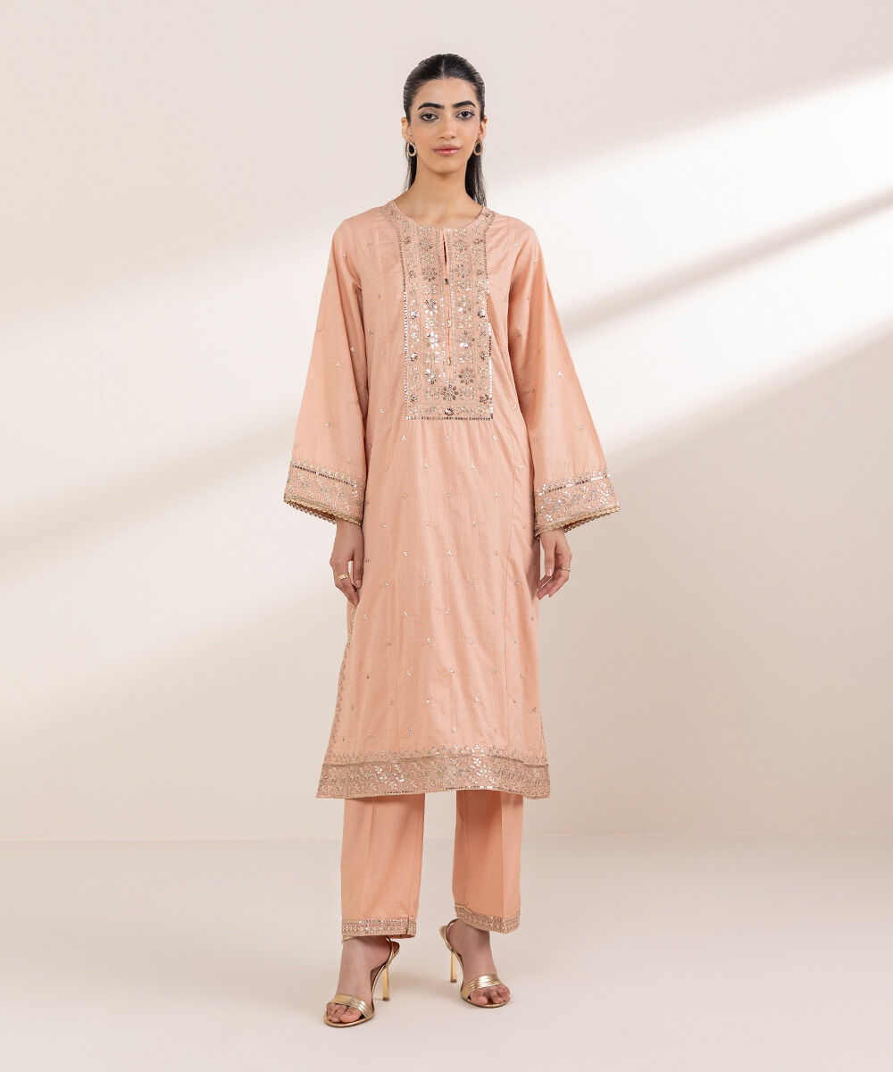 Women's RTW Dobby Pink Embroidered A-Line Shirt