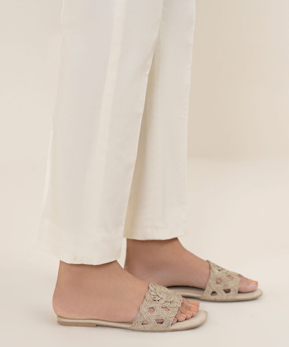 Women's Unstitched Cotton Printed Off White Trousers