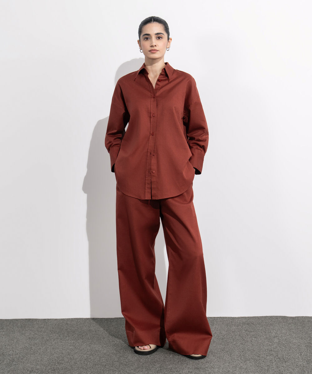 Women's Western Wear Maroon Loose Fit Linen Blend Shirt