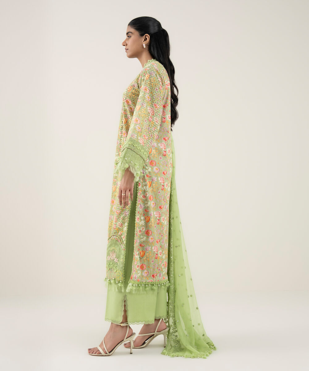 Women's Unstitched Cotton Embroidered Green 3 Piece Suit