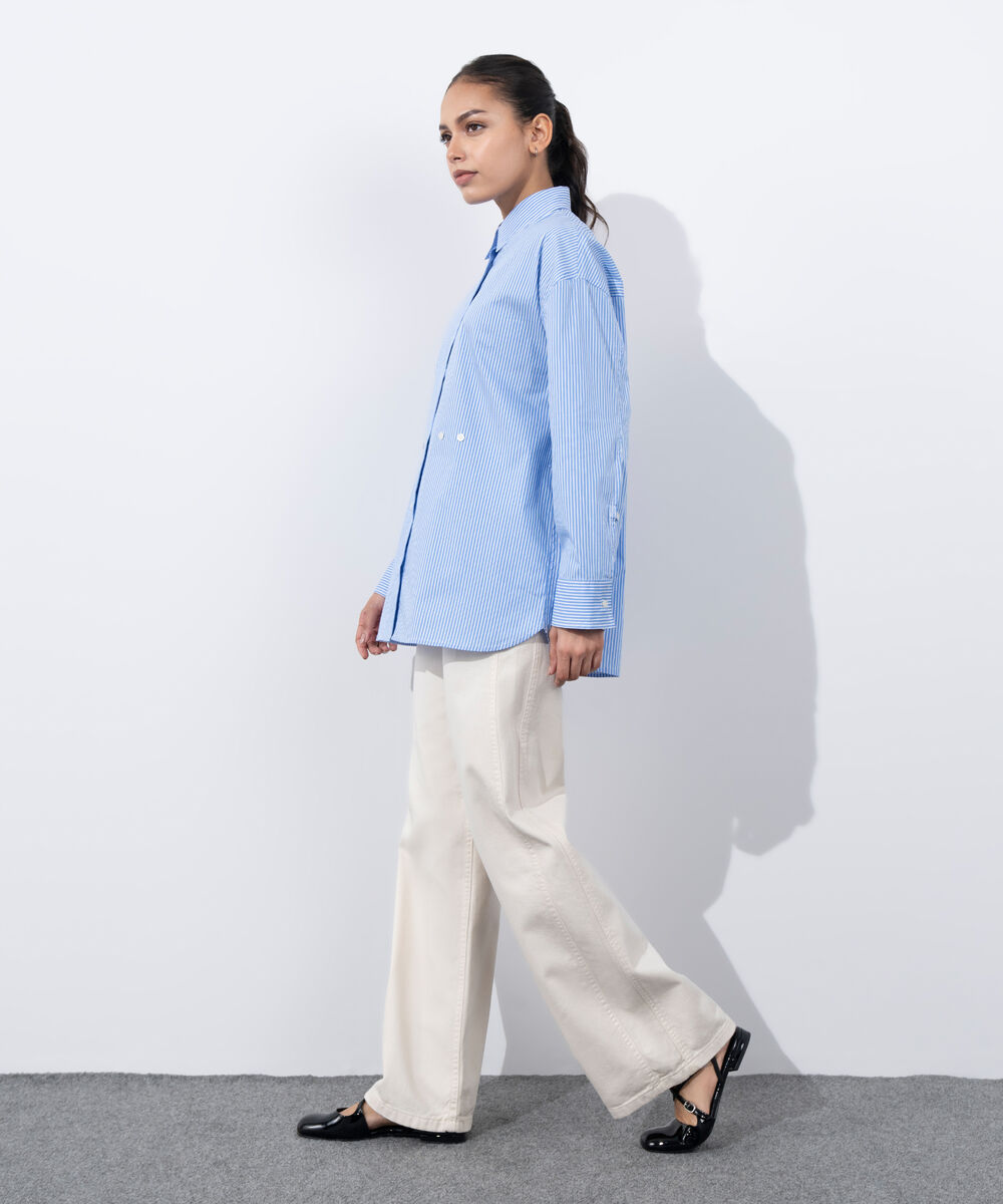 Women's Western Wear Blue Cinched Waist Button Through Shirt