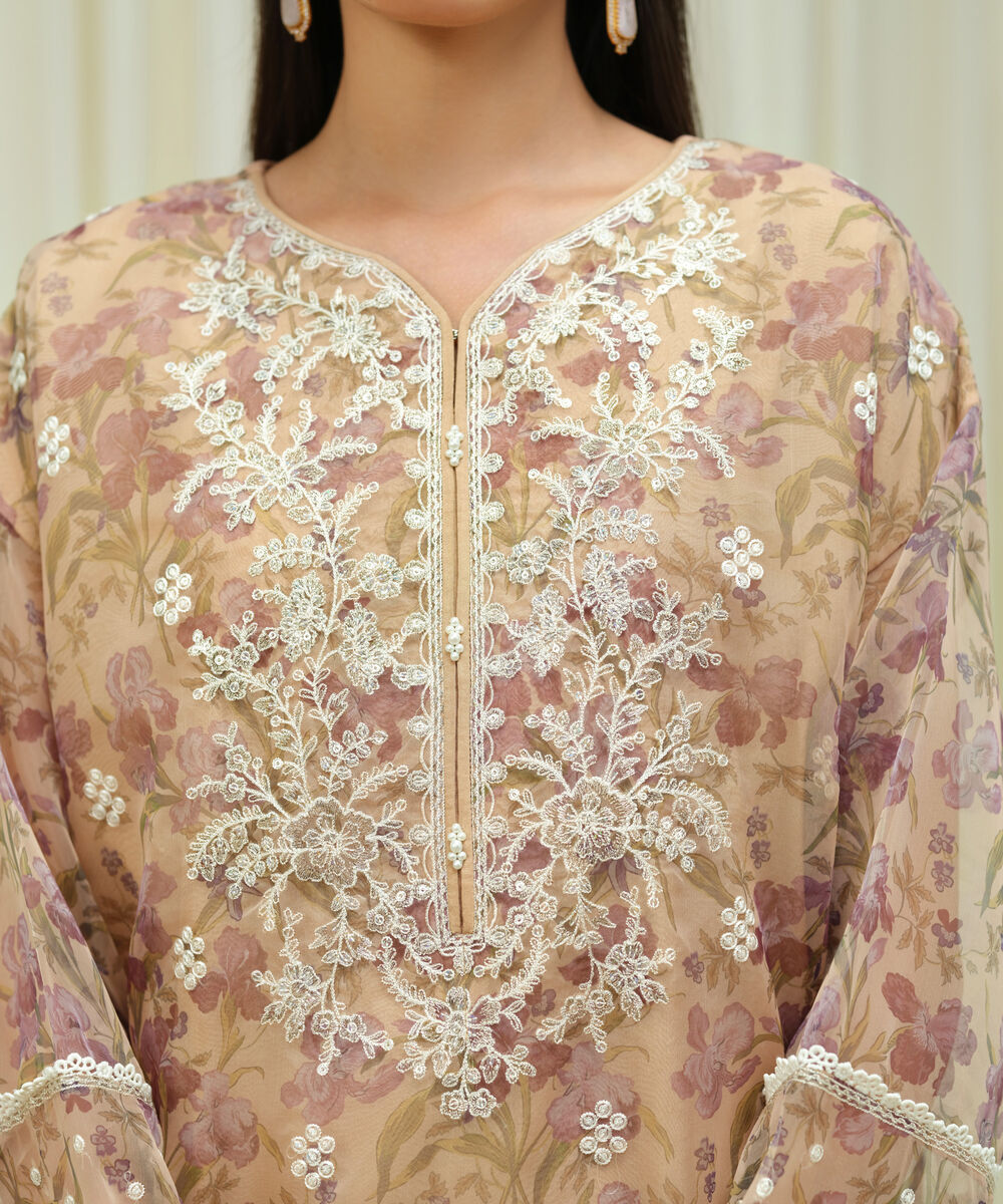 Women's Unstitched Blended Organza Embroidered Beige 3 Piece Suit