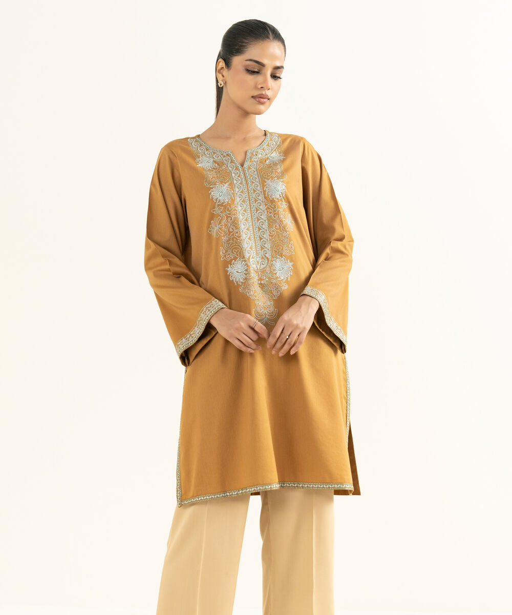 Women's RTW Linen Viscose Embroidered Mustard Straight Shirt