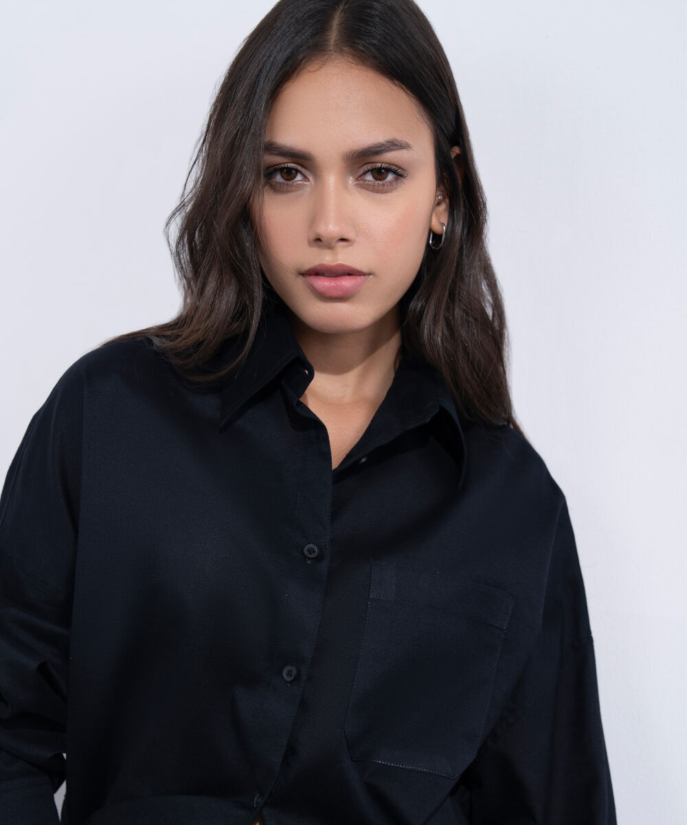 Women's Western Wear Black Oversized Linen Blend Shirt