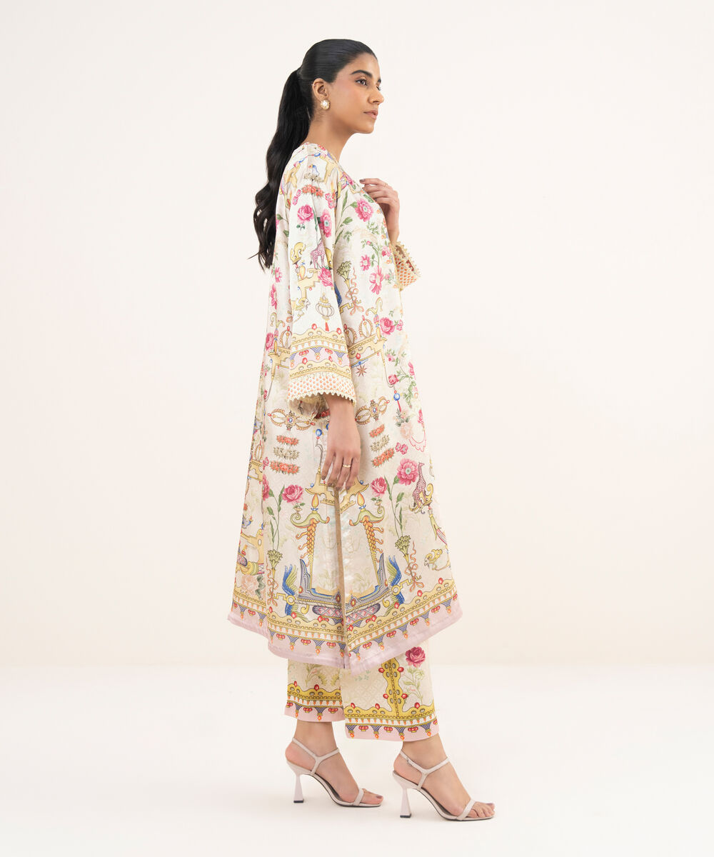 Women's RTW Blended Satin Beige Printed A-Line 2 Piece Suit