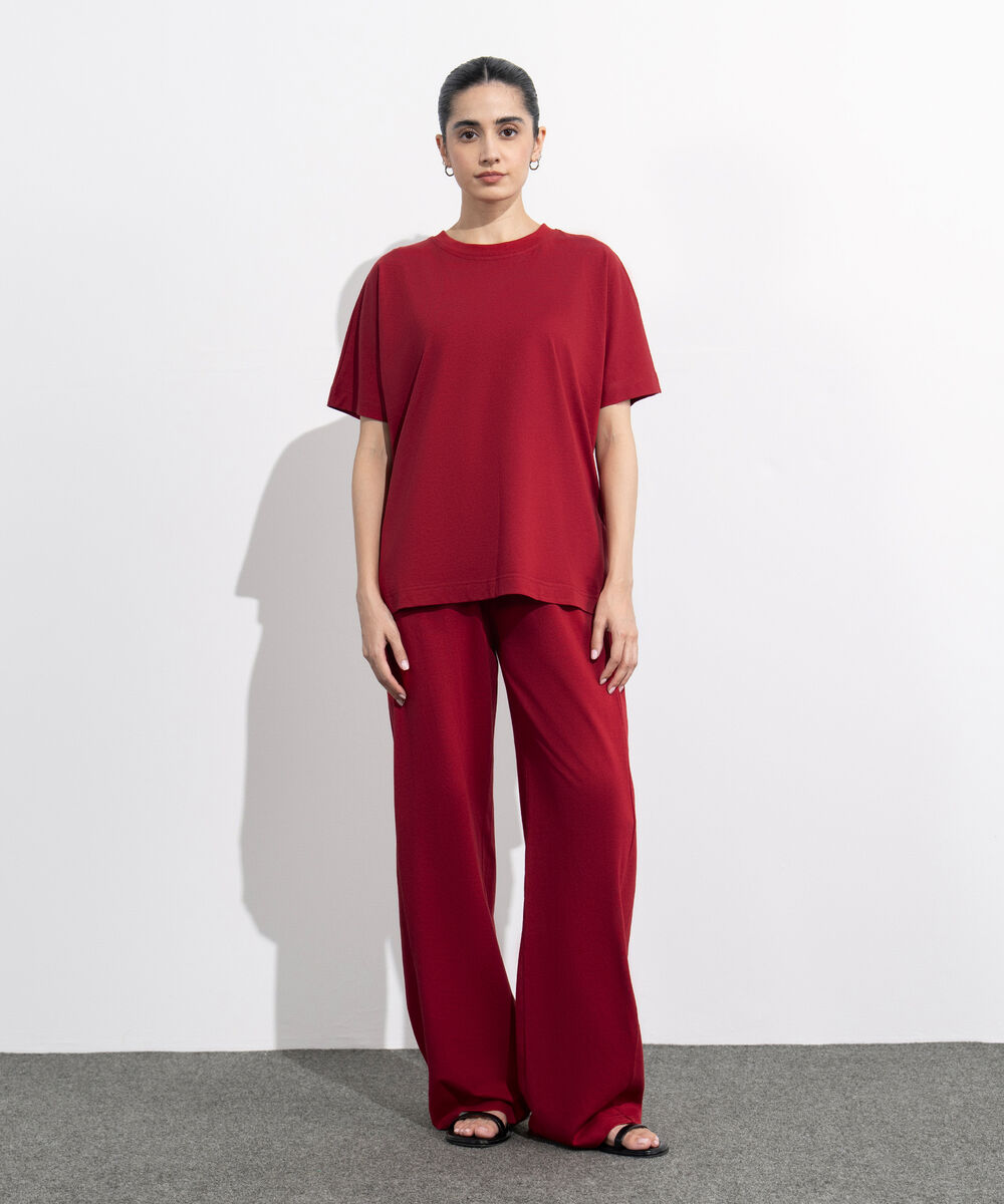 Women's Western Wear Red Loose Fit Jersey T-Shirt