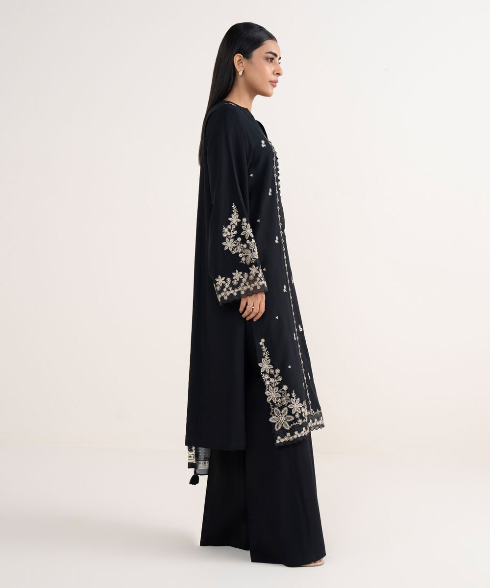 Women's Unstitched Linen Embroidered Black 3 Piece Suit