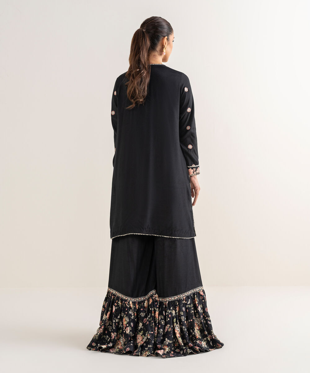Women's RTW Viscose Raw Silk Black Embroidered Straight Shirt