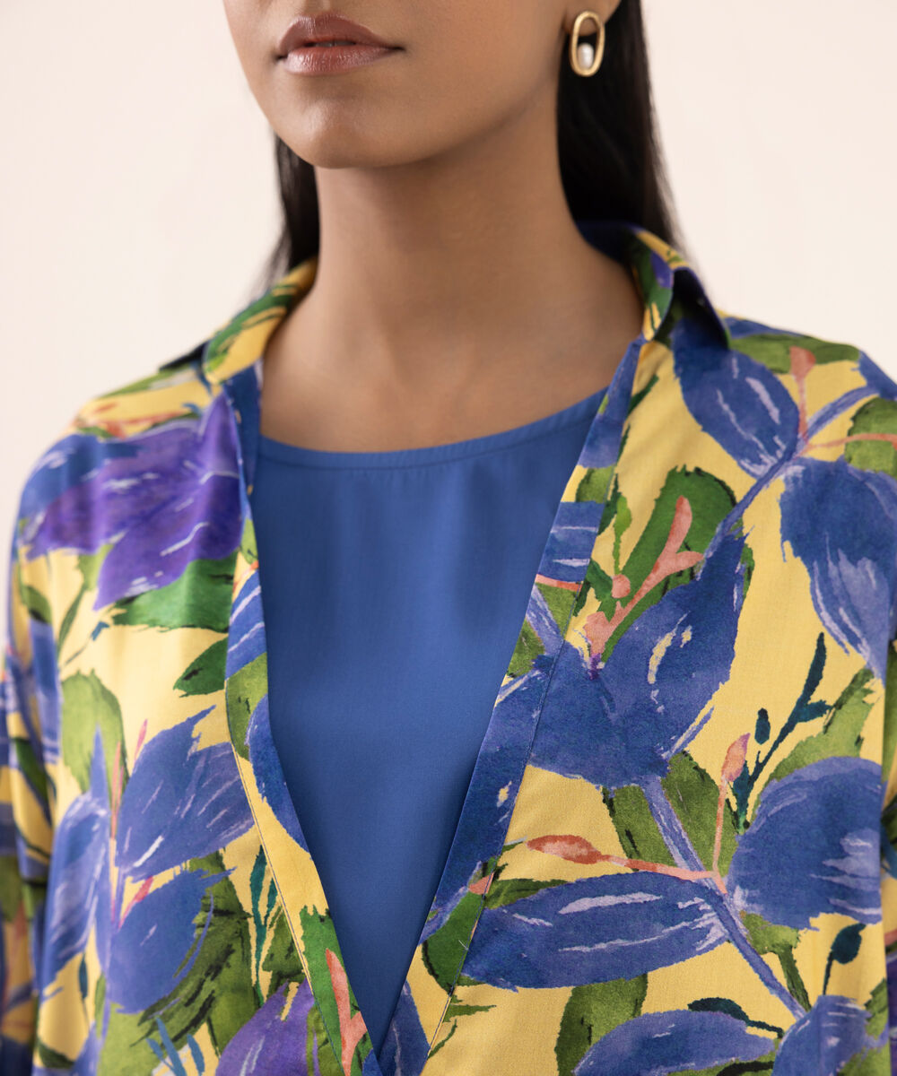 Women's RTW Arabic Lawn Blue Printed Drop Shoulder Shirt