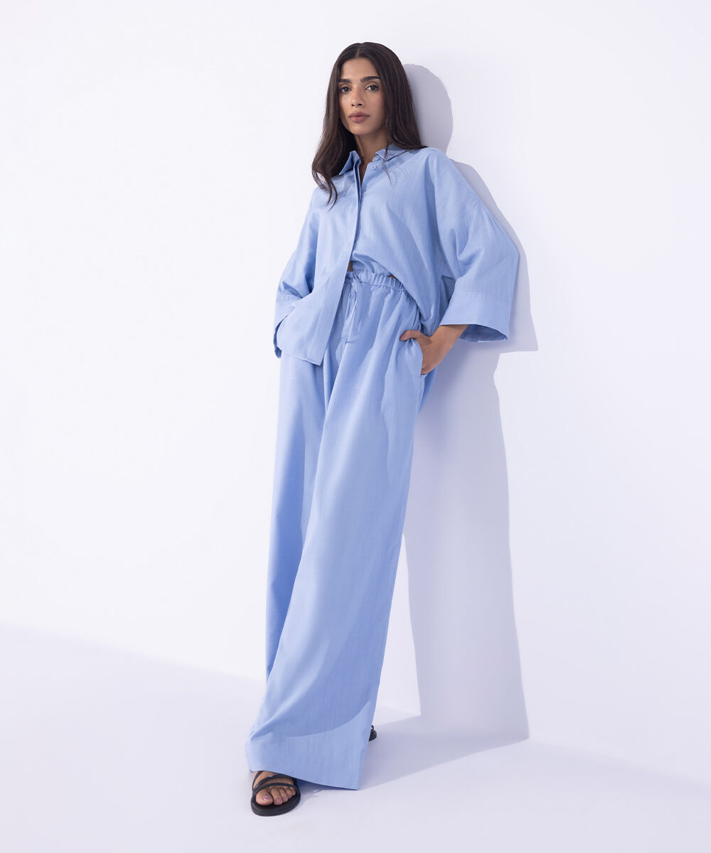 Women's Western Wear Blue Textured Pull On Trousers