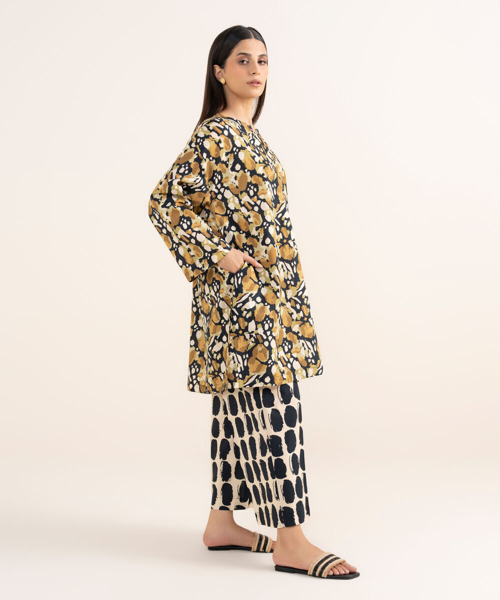 Women's RTW Cambric Brown Printed Drop Shoulder Shirt