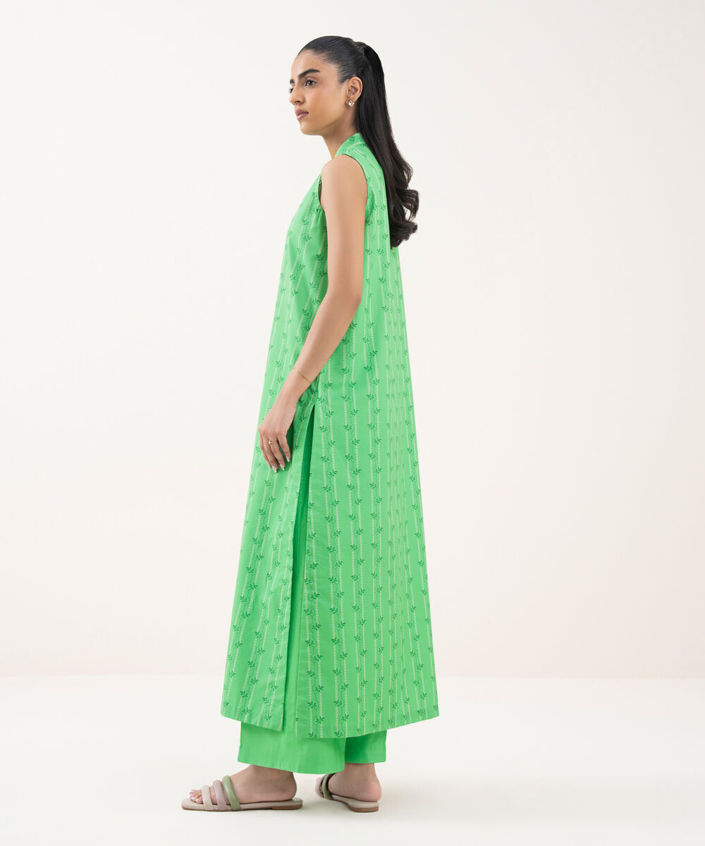 Women's Unstitched Cotton Printed Green 3 Piece Suit