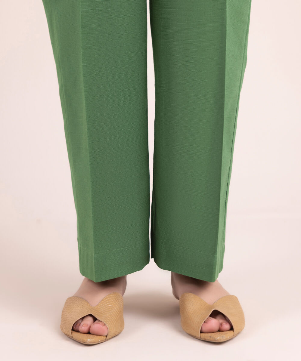 Women's RTW Cotton Solid Green Straight Pants
