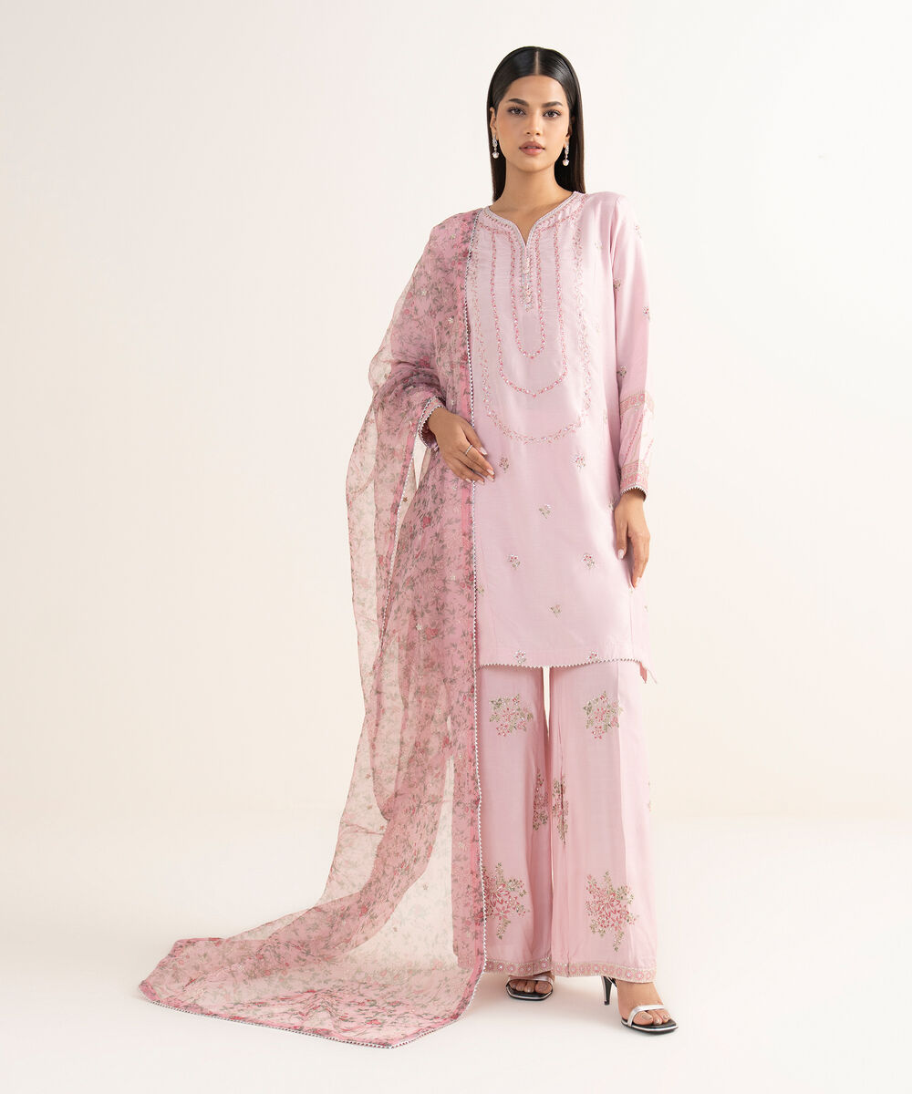Women's RTW Raw Silk Pink Embroidered 3 Piece Suit