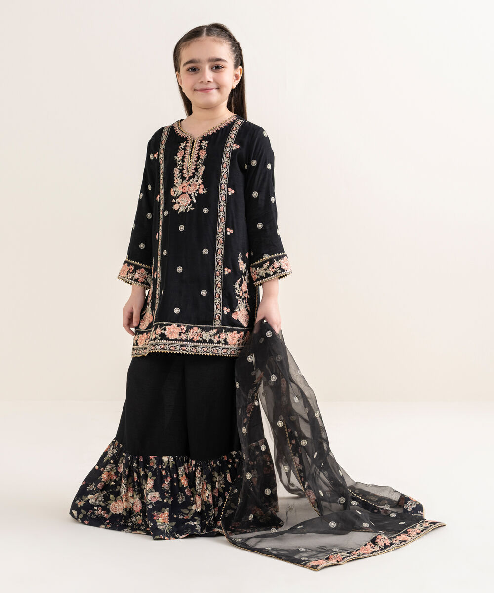 Girl's Viscose Raw Silk Black Embroidered 3 Piece Suit