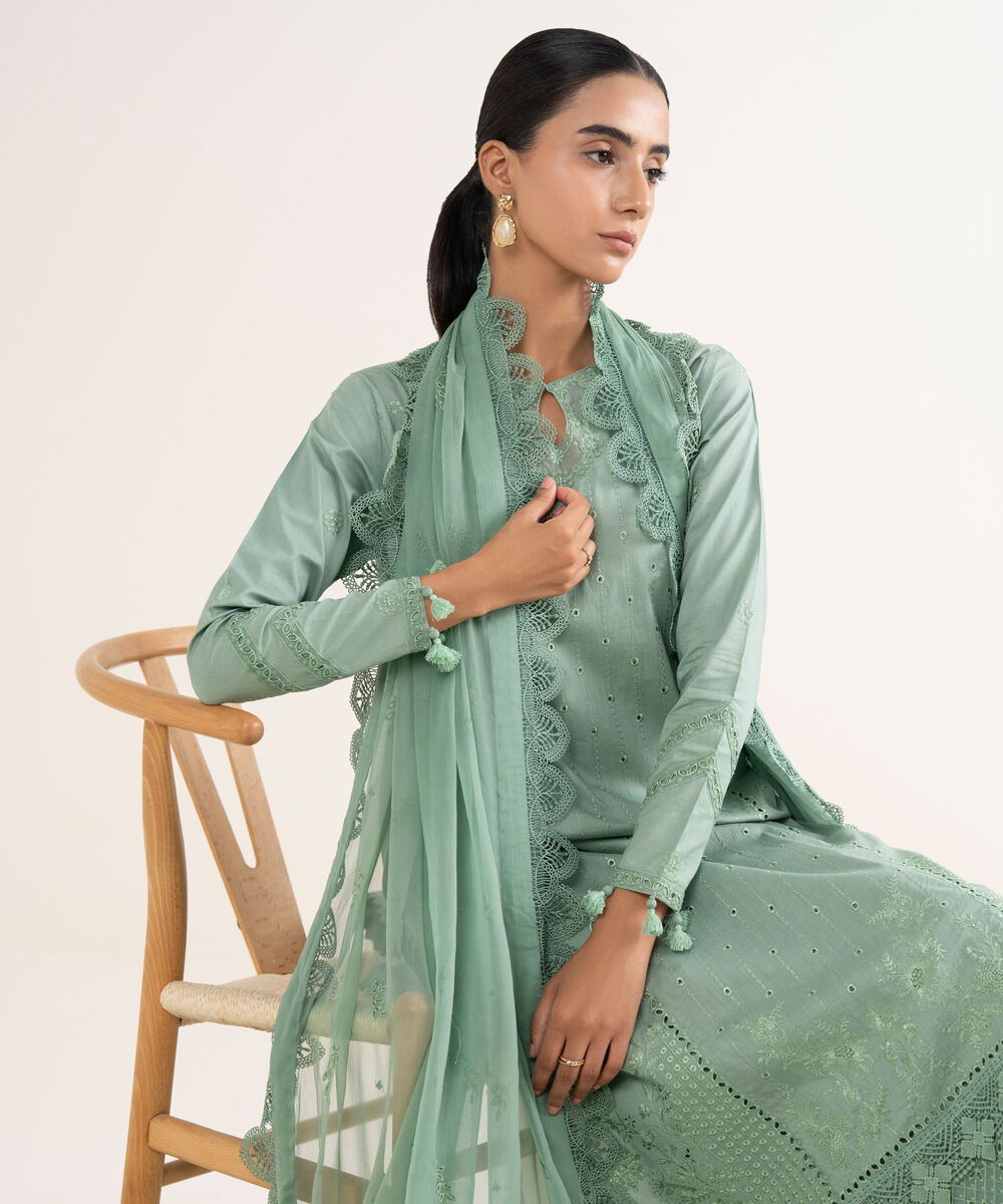 Women's Unstitched Lawn Embroidered Green 3 Piece Suit