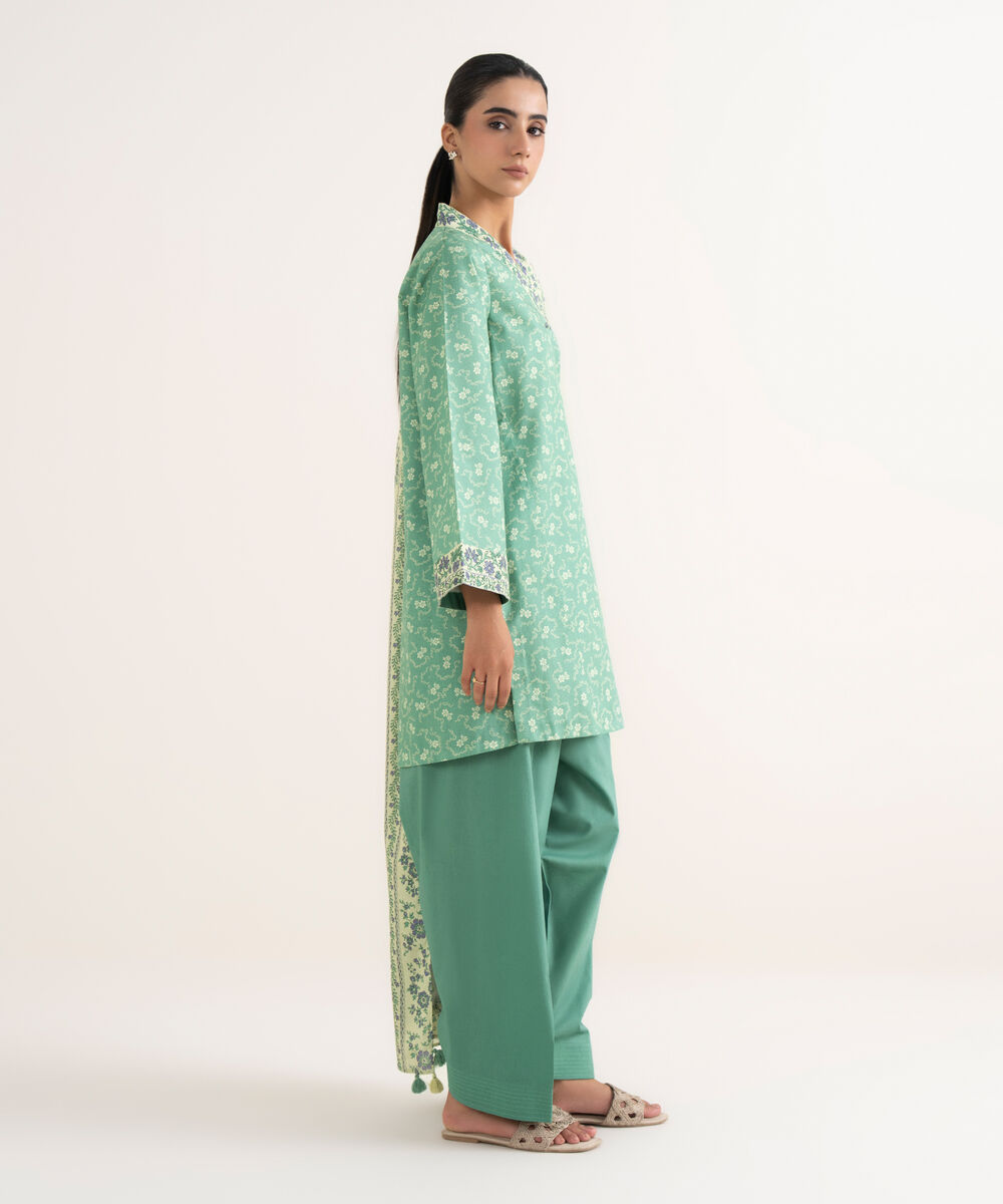 Women's Unstitched Cotton Printed Green Three Piece Suit