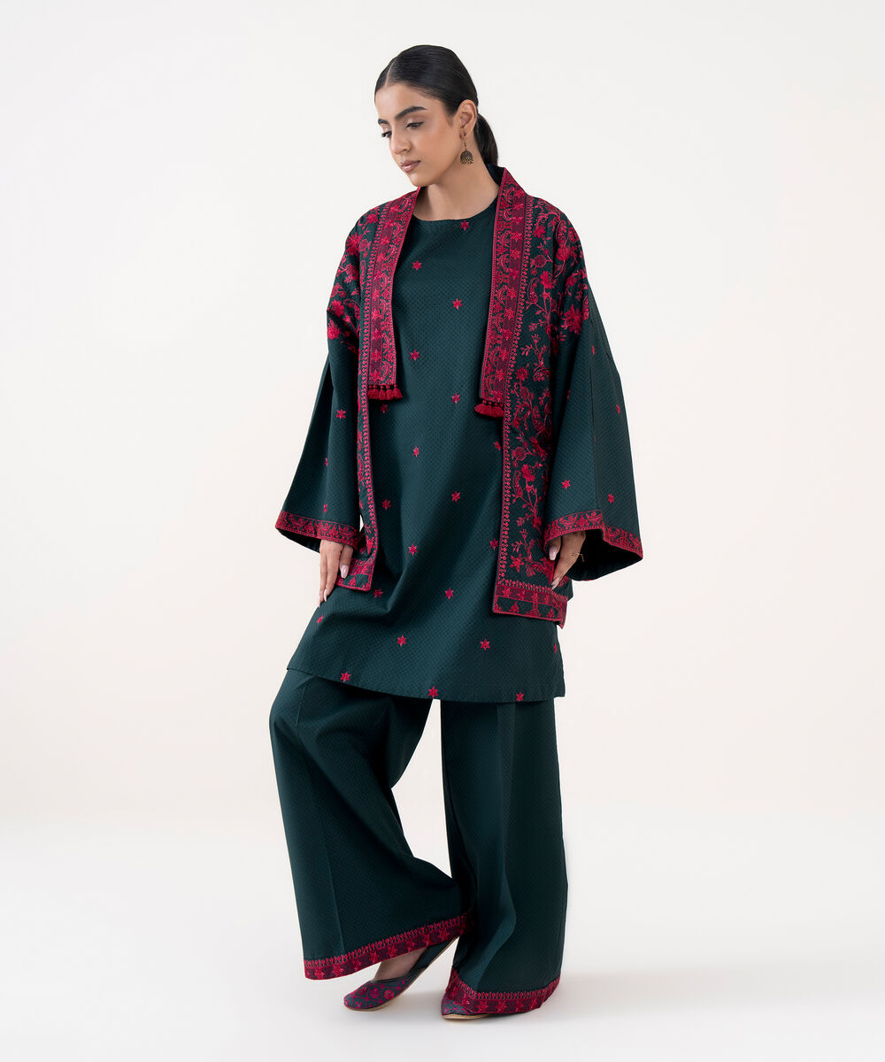 Women's RTW Textured Cotton Blue Embroidered Front Open Waistcoat