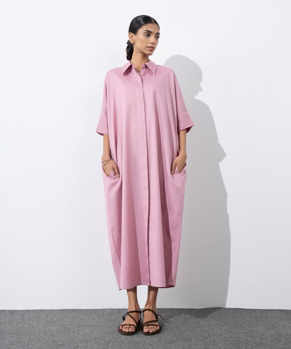 Women's Western Wear Pink Button-Through Linen Blend  Dress