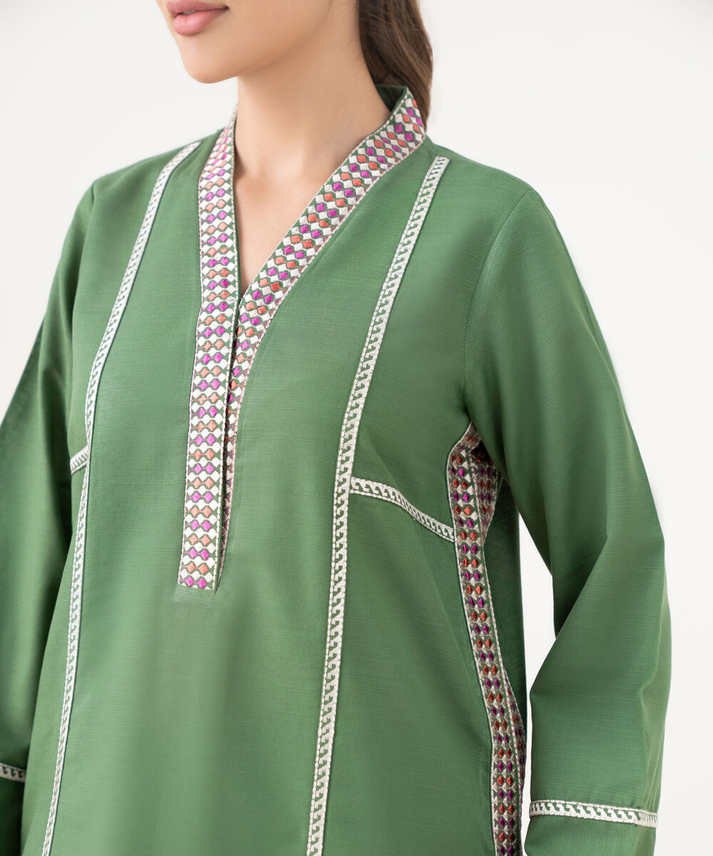 Women's RTW Light Khaddar Embroidered Green Straight Shirt