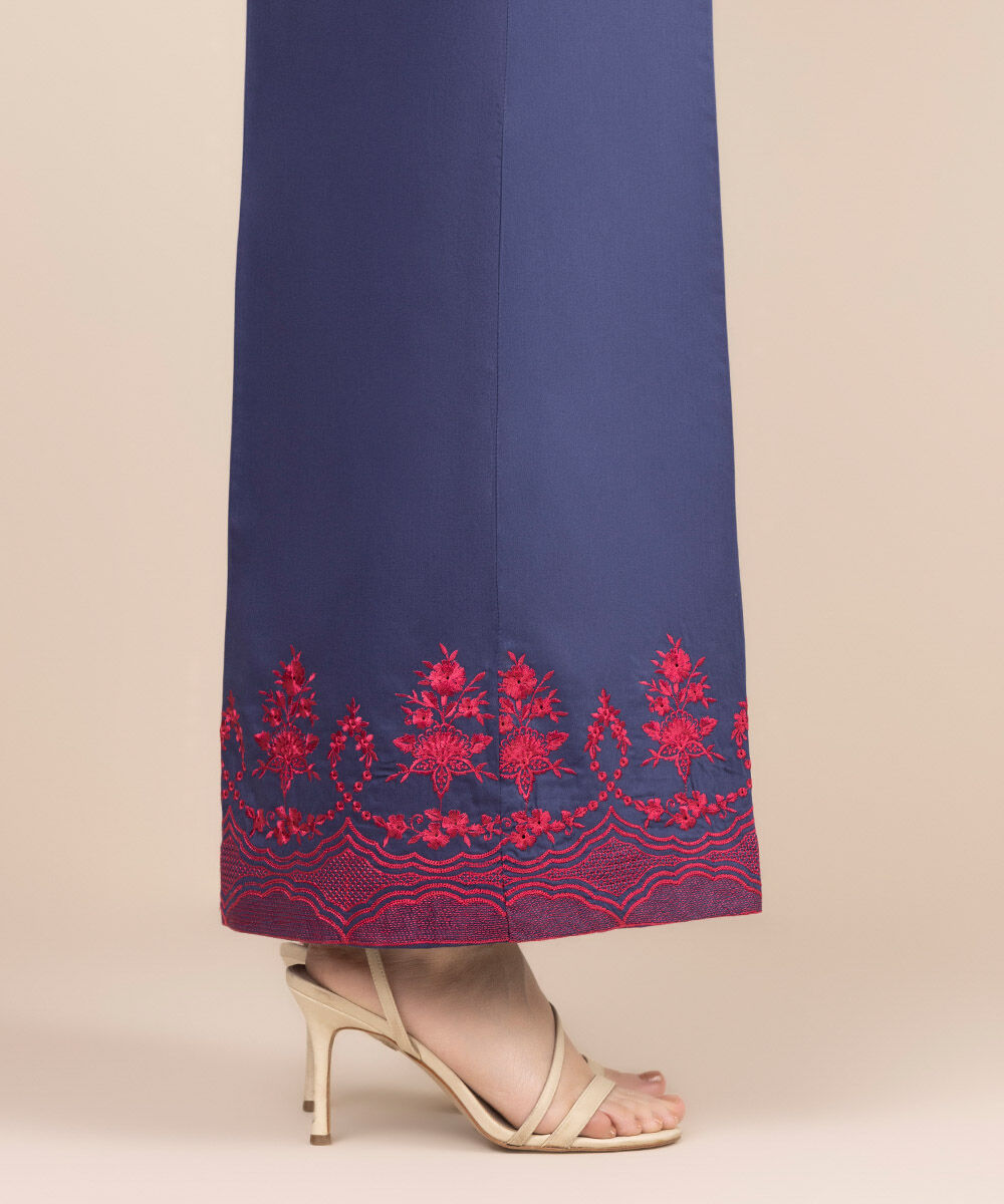 Women's RTW Cotton Satin Blue Embroidered Flared Pants