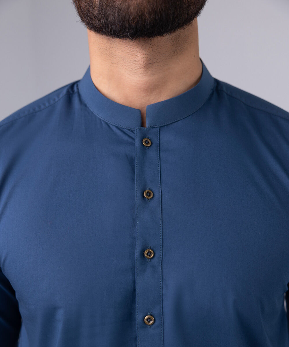 Men's Blended Stitched Plain Blue Kurta