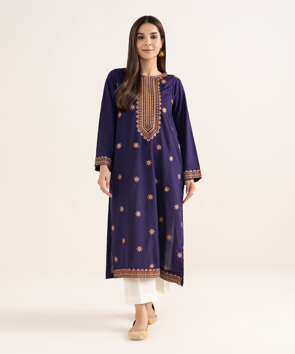 Women's RTW Textured Cotton Purple Embroidered A-Line Shirt