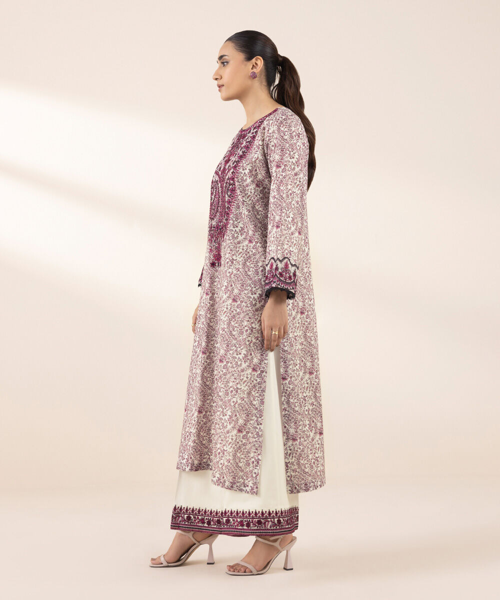 Women's RTW Textured Lawn Purple Embroidered A-Line Shirt