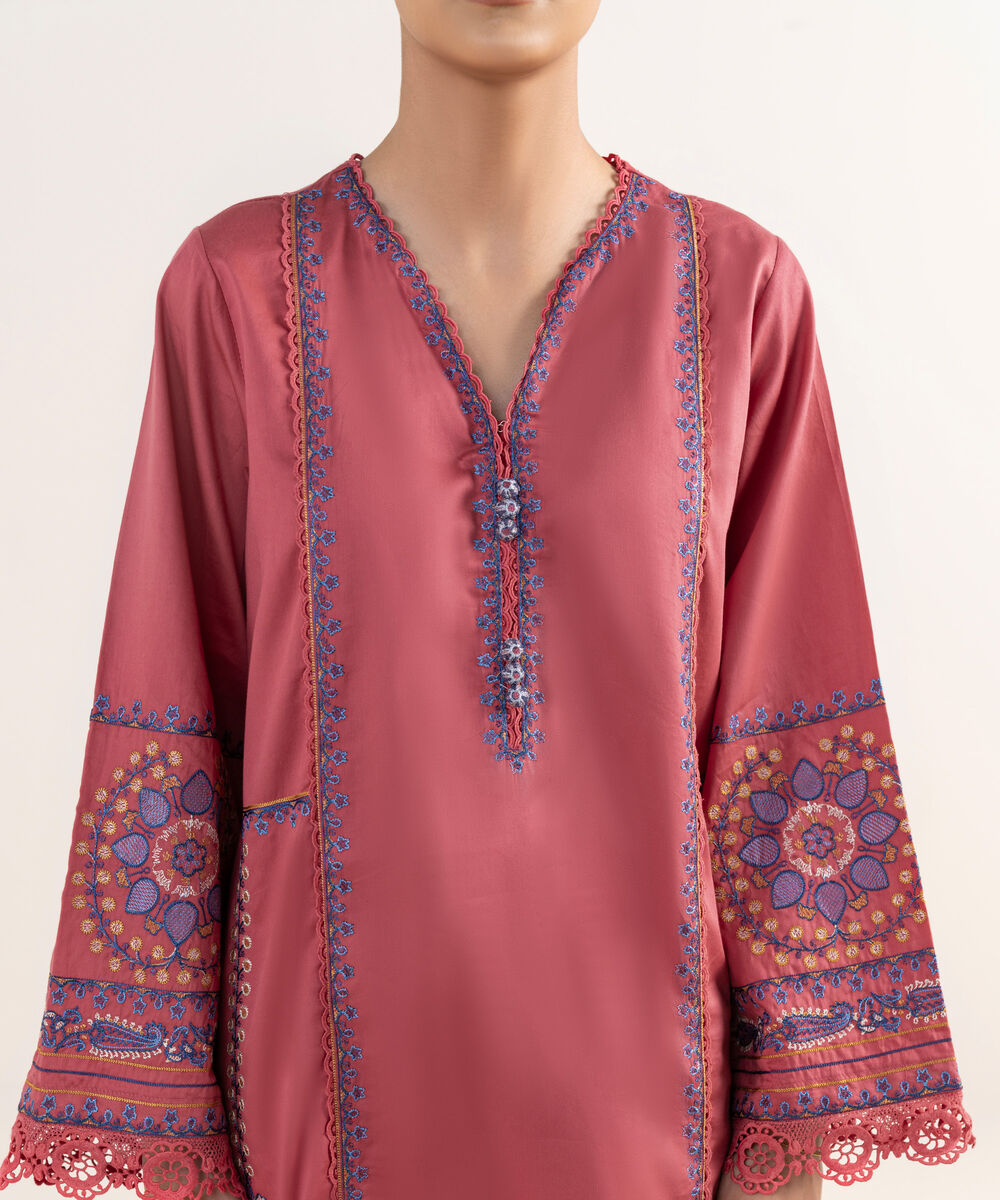 Women's RTW Cotton Satin Pink Embroidered A-Line Shirt