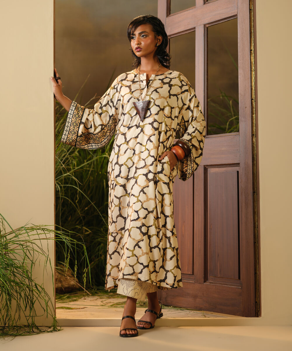 Women's RTW Arabic Lawn Beige Printed Drop Shoulder Shirt