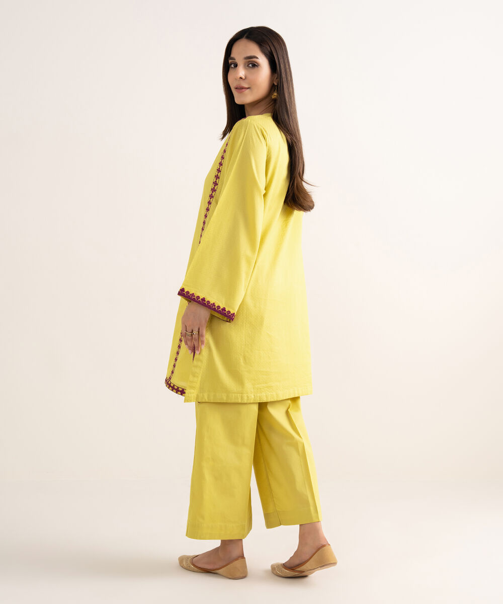Women's RTW Textured Cotton Yellow Embroidered Boxy Shirt
