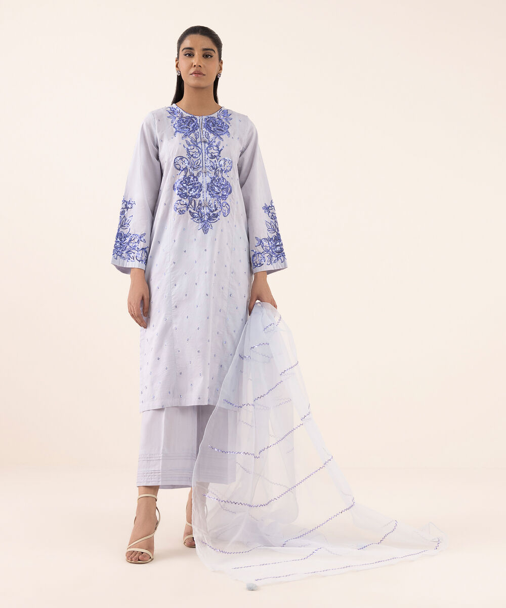 Women's RTW Cotton Jacquard Purple Embroidered A-Line Shirt