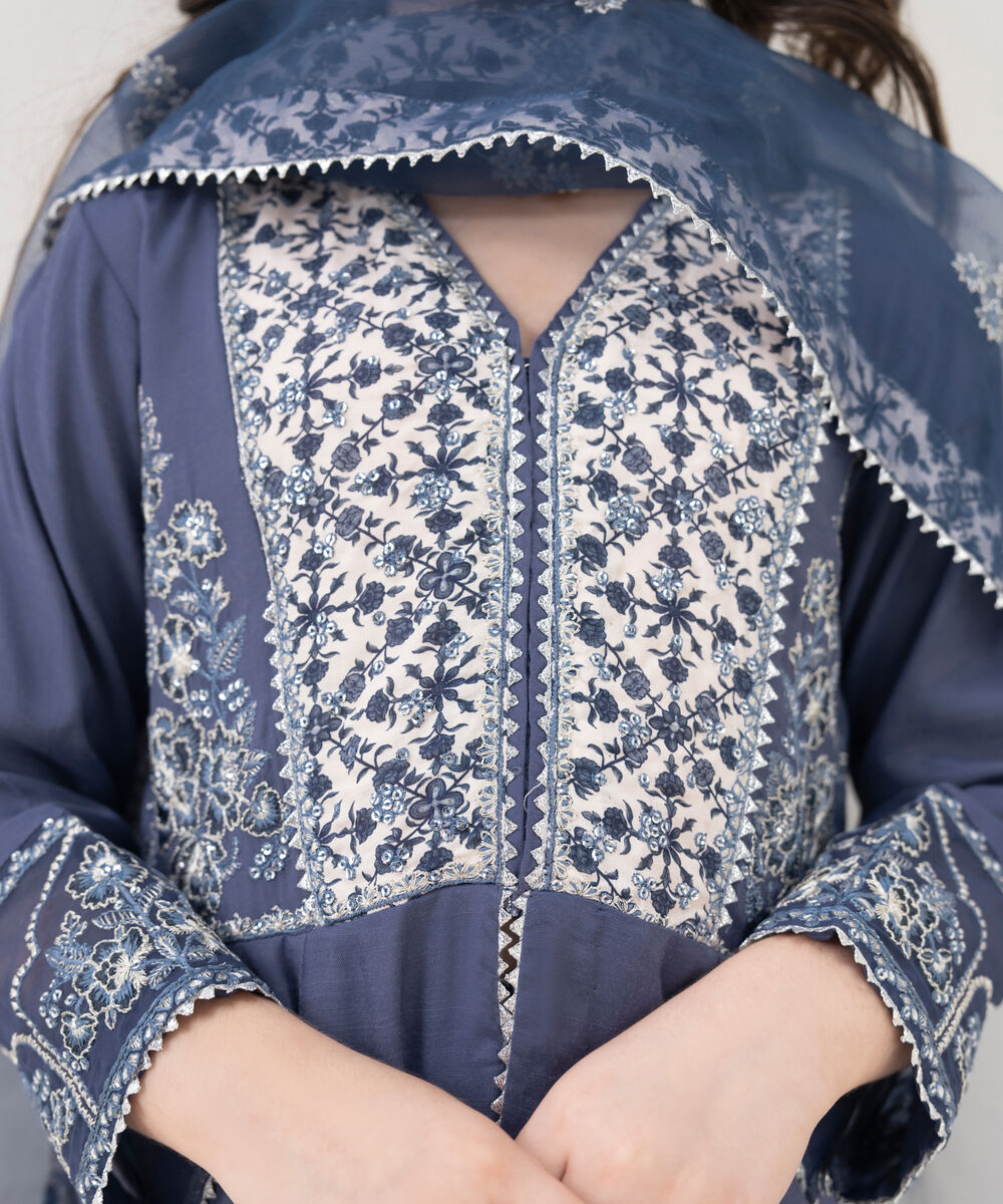 Girl's Viscose Raw Silk Embroidered Blue Three Piece Suit