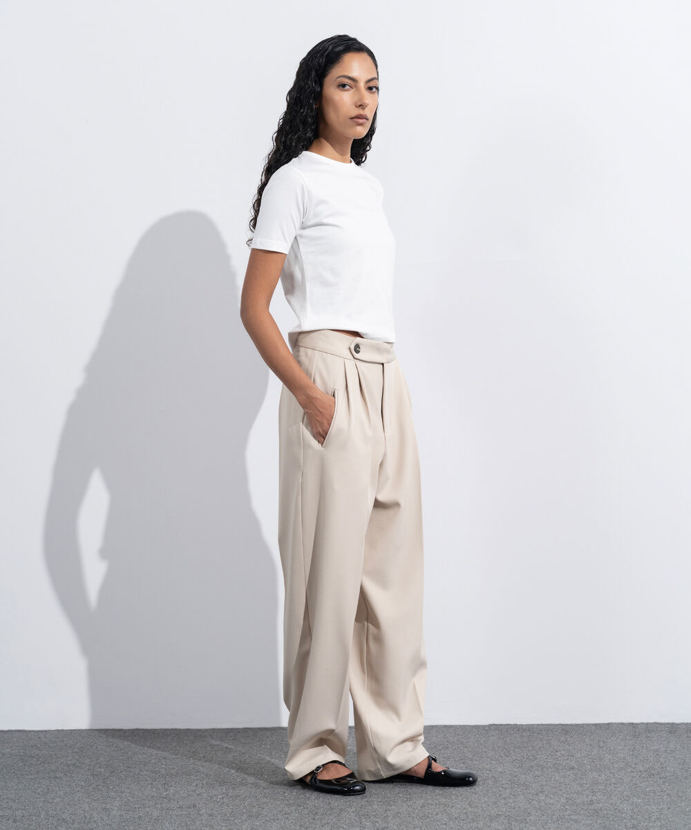 Women's Western Wear Beige Slouchy Tailored Trousers