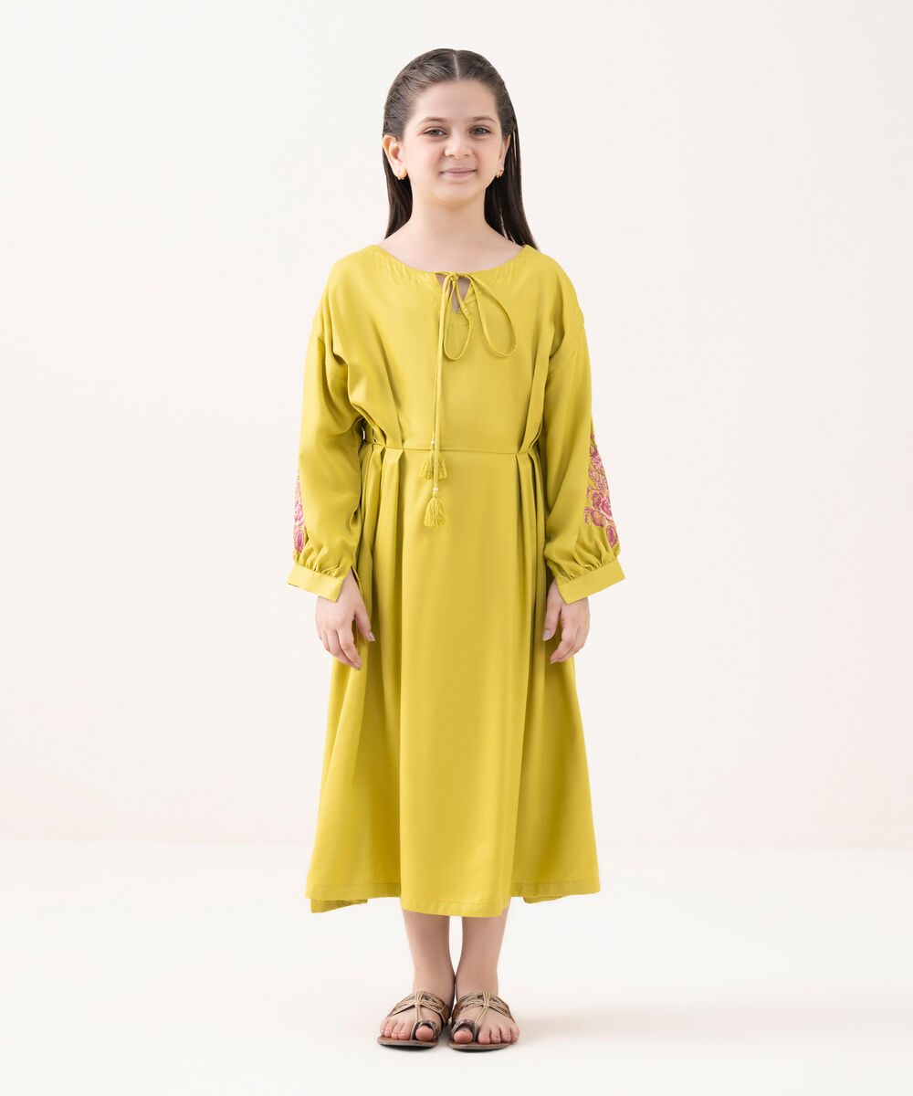 Girls Viscose Marina Green Dyed Kidswear Dress