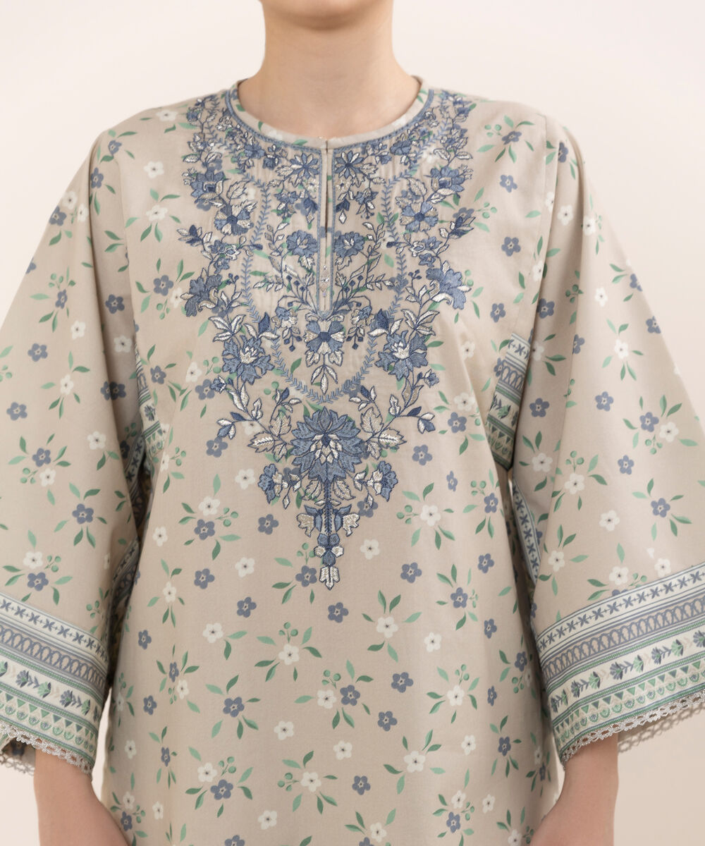 Women's Unstitched Cotton Embroidered Beige  Two Piece Suit