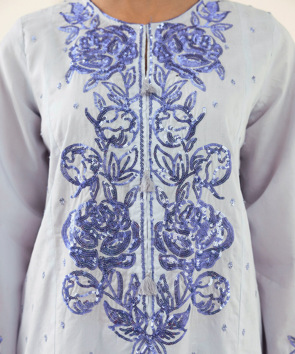 Women's RTW Cotton Jacquard Purple Embroidered A-Line Shirt