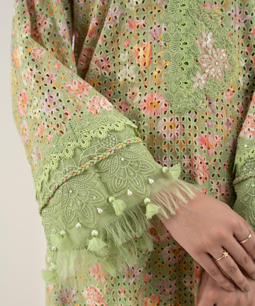 Women's Unstitched Cotton Embroidered Green 3 Piece Suit