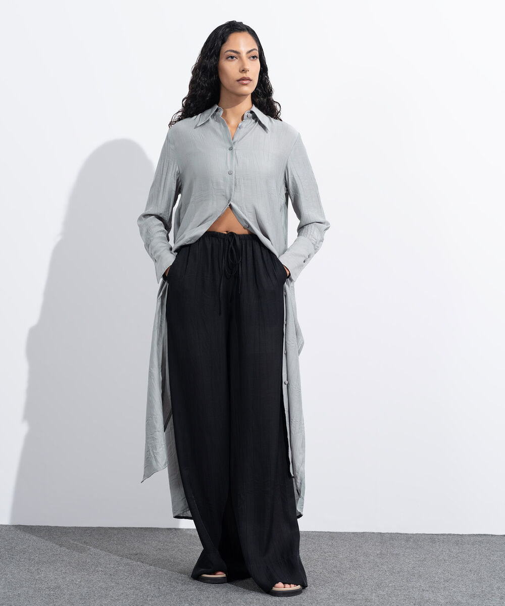 Women's Western Wear Black Textured Wide-Leg Trousers