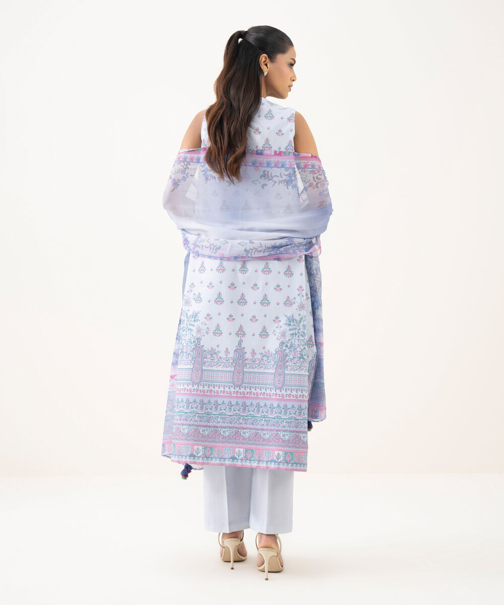 Women's Unstitched Cotton Printed Blue 3 Piece Suit