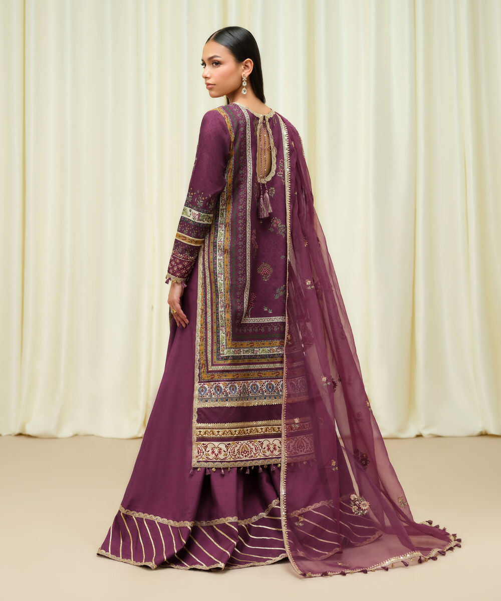 Women's Unstitched Raw Silk Embroidered Purple 3 Piece Suit