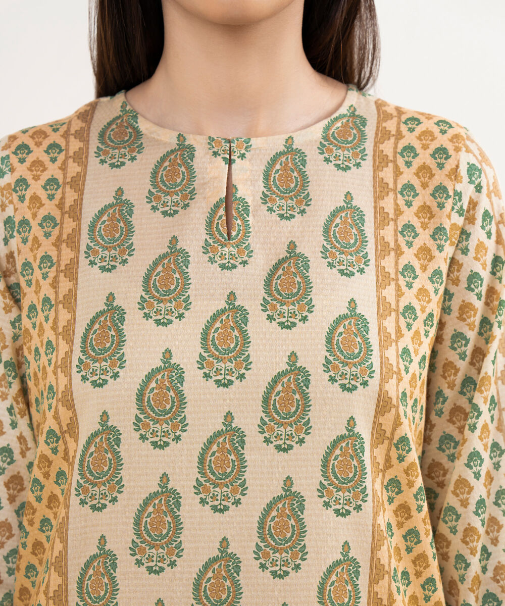 Women's RTW Dobby Beige Printed A-Line Shirt