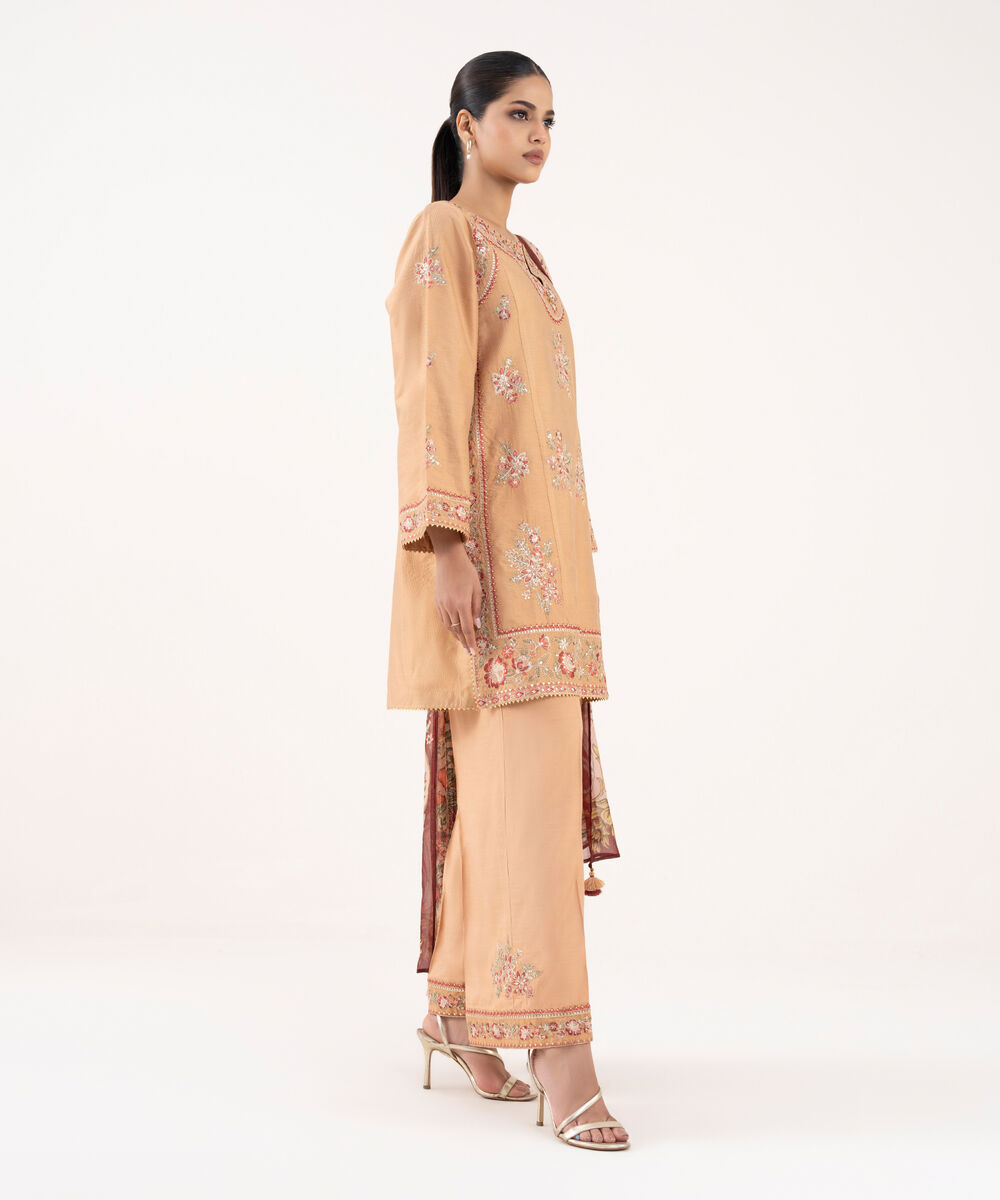 Women's RTW Silk Cotton Net Embroidered Pink Three Piece Suit