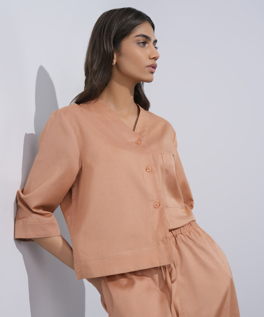 Women's Western Wear Peach V-Neck Linen Blend Shirt