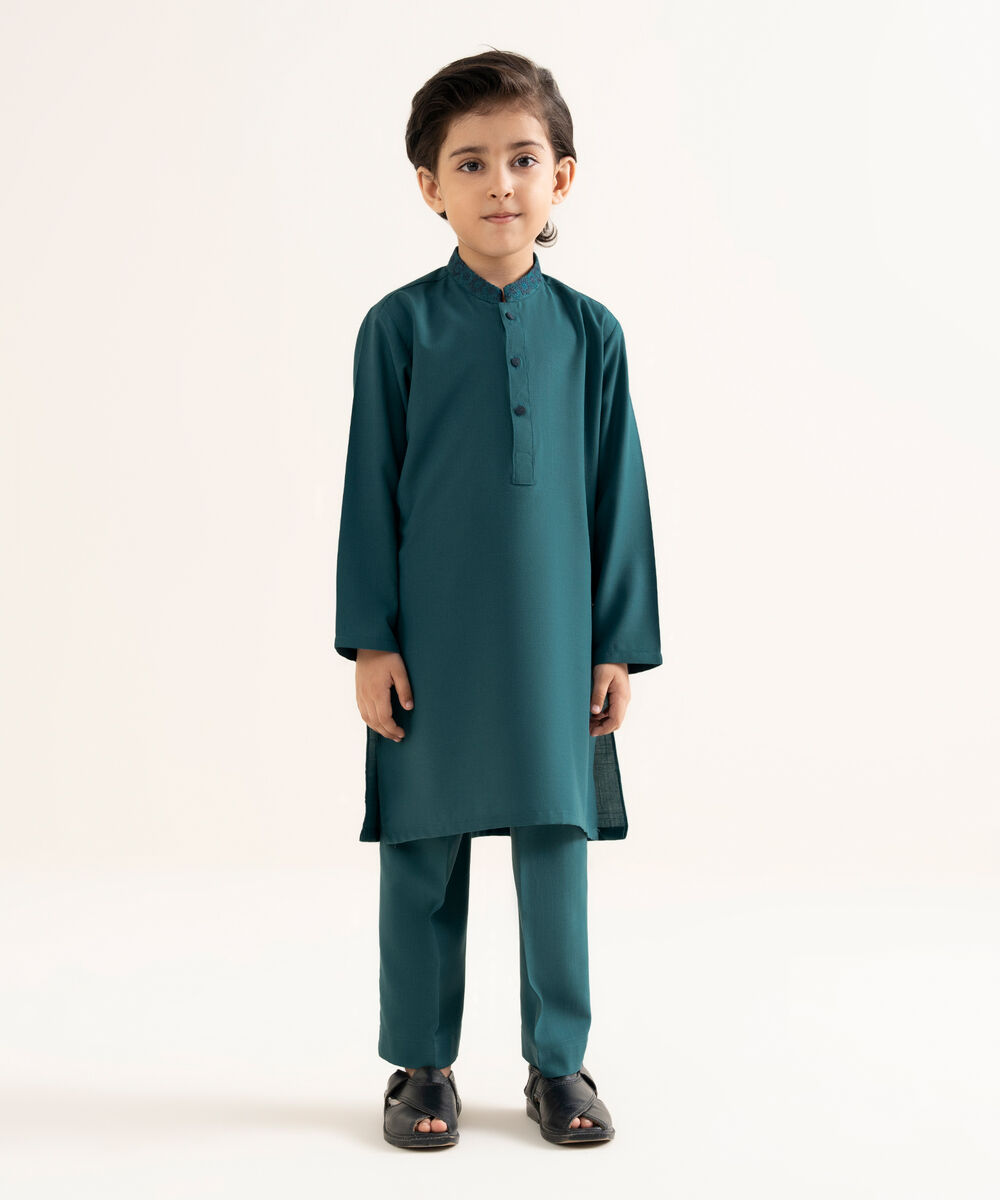 Men's Textured Wash & Wear Embroidered Blue Kurta Trouser