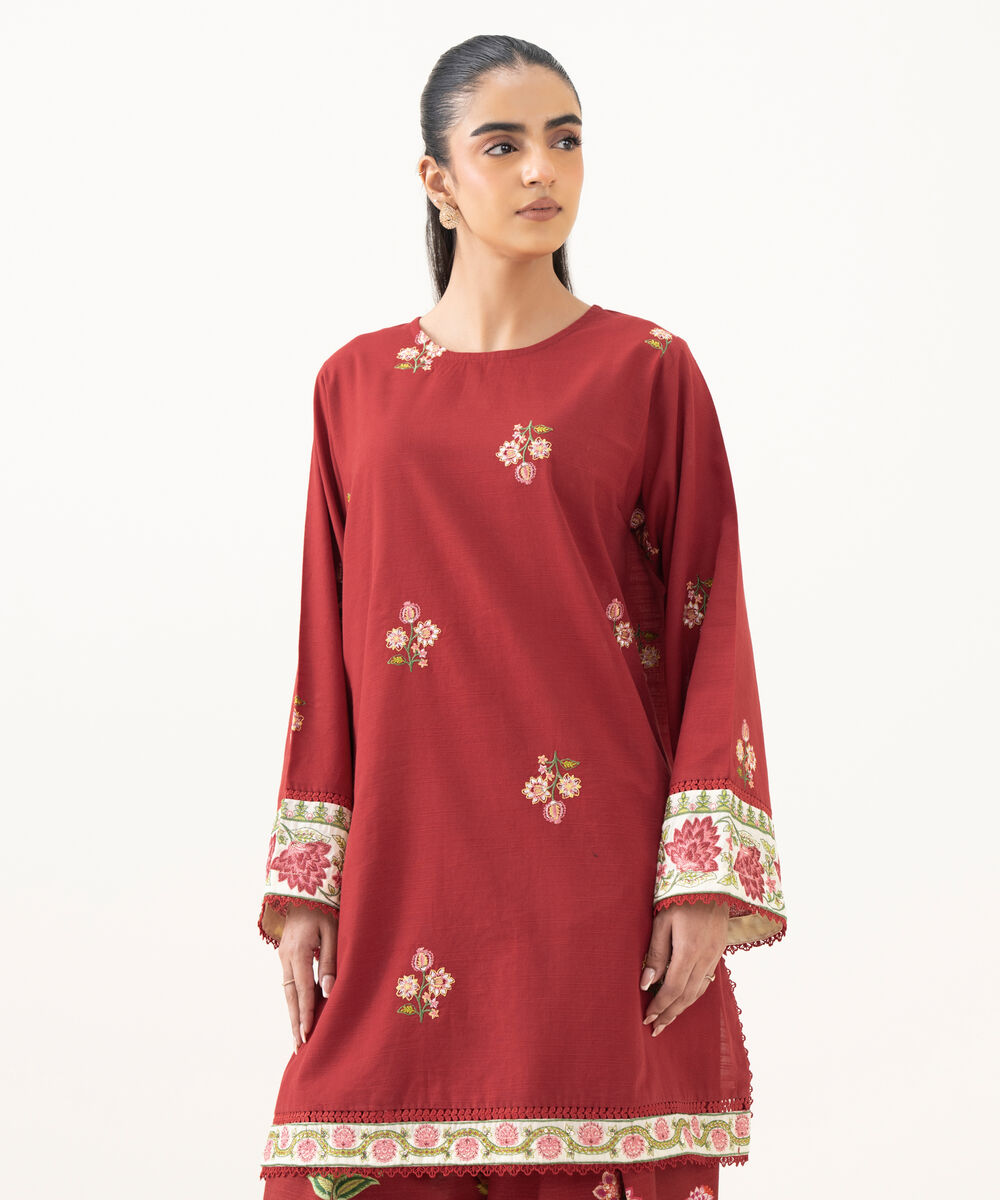 Women's RTW Light Khaddar Embroidered Red Straight Shirt