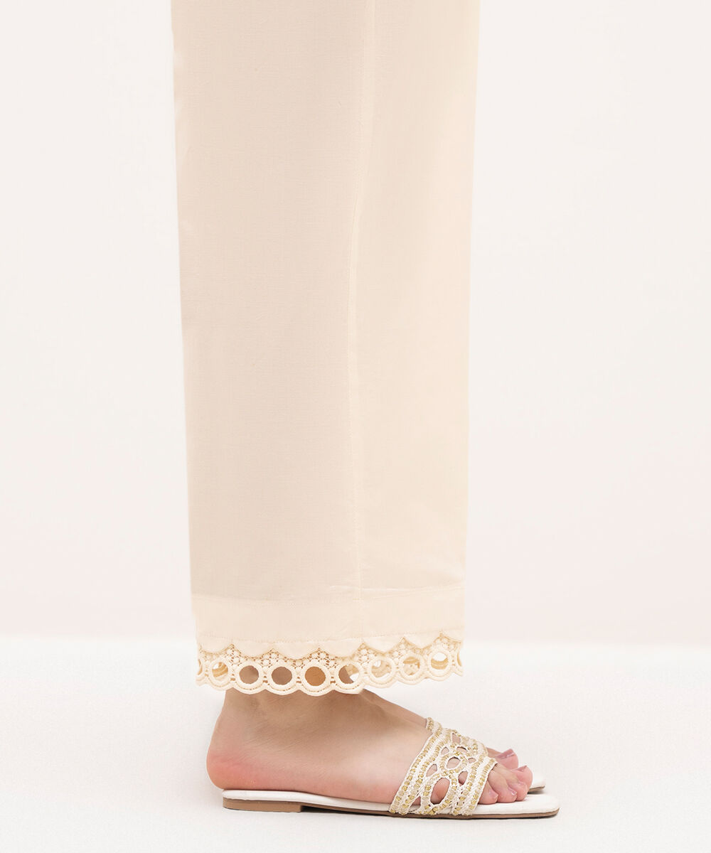 Women's RTW Cambric Off White Solid Straight Pants