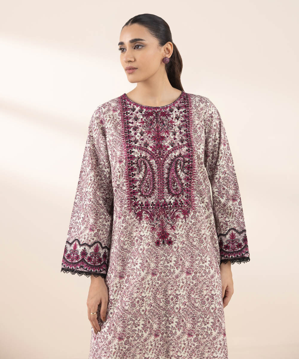 Women's RTW Textured Lawn Purple Embroidered A-Line Shirt